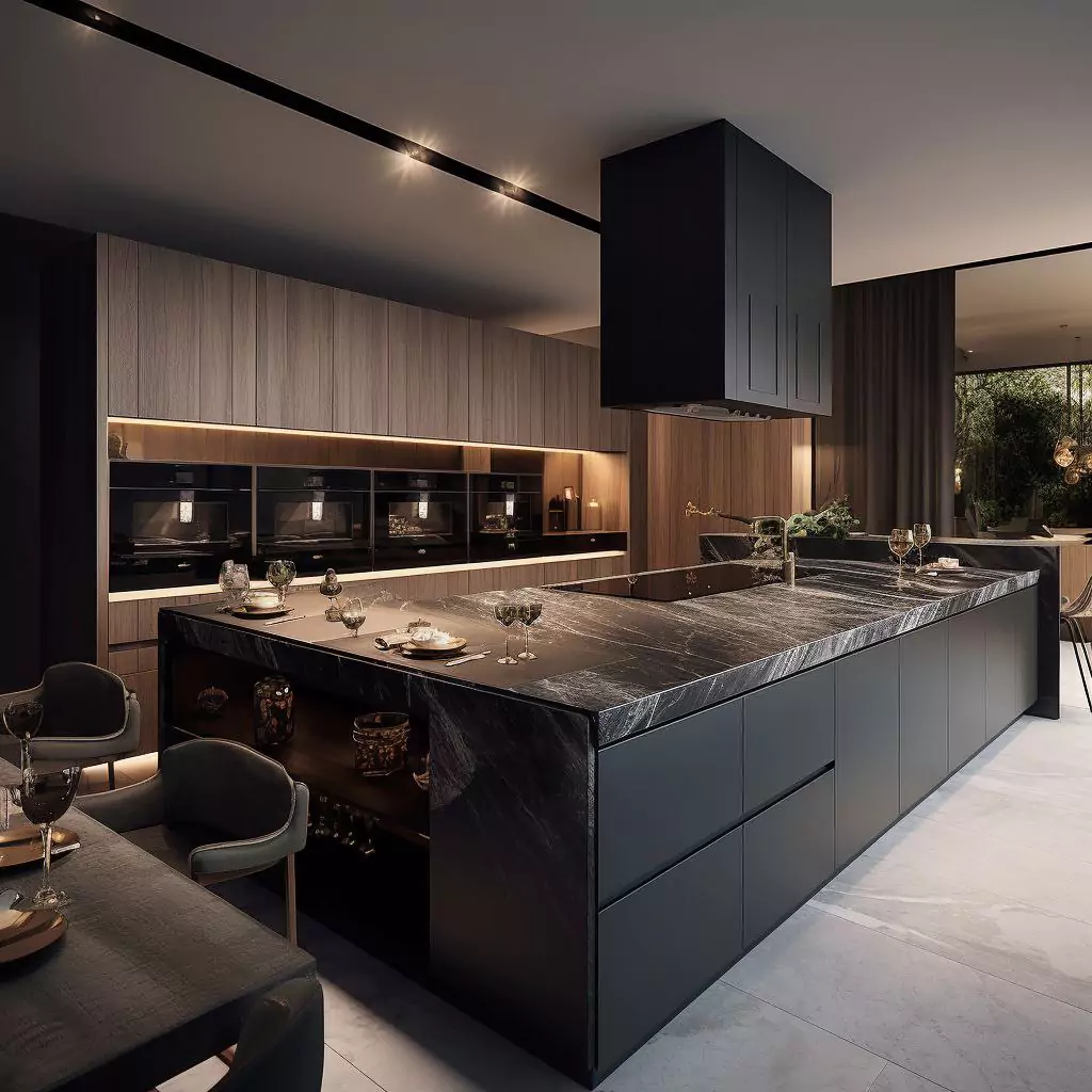 A contemporary kitchen featuring sleek black and white marble countertops.