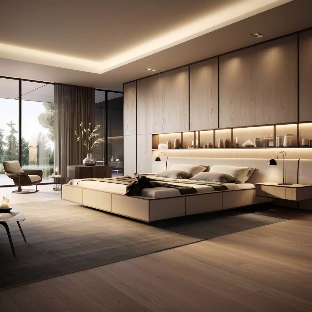 Modern bedroom with wooden walls and flooring. A serene space with warm tones and natural textures.